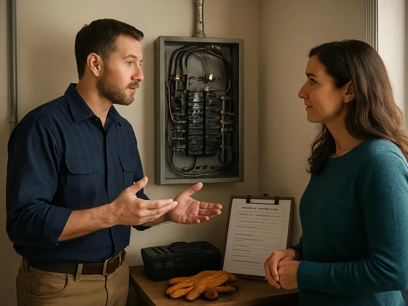 A man talks to a woman beside an open electrical panel in a small utility room