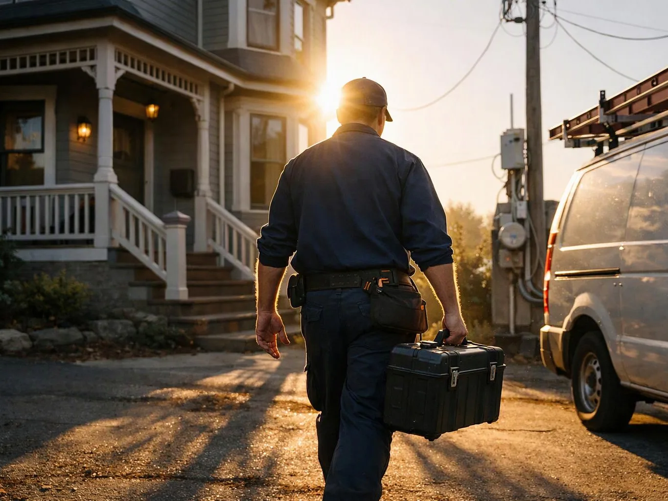 A man walks toward a house at sunset, carrying a black toolbox beside a parked service van