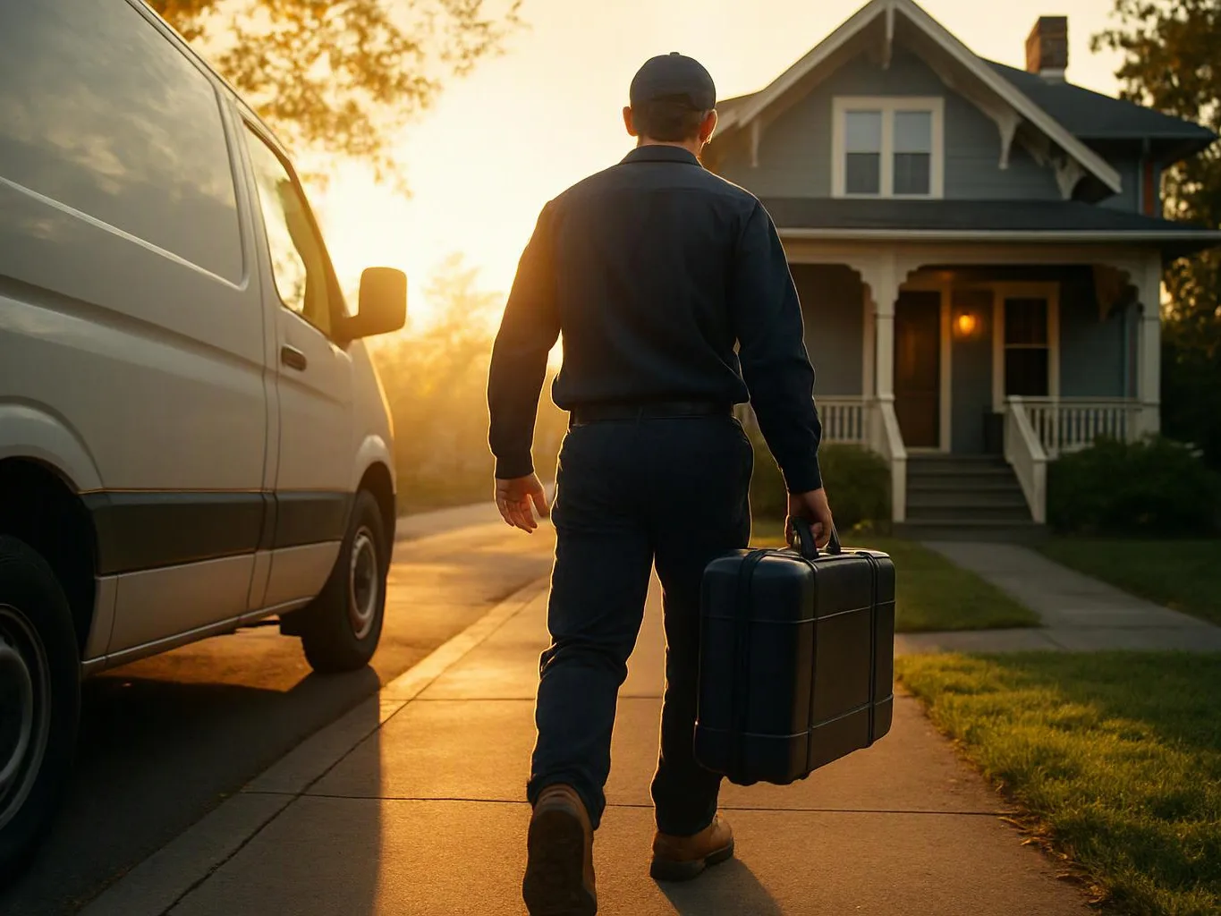 A man walks up a sidewalk carrying a black case beside a parked white van and a house at sunrise