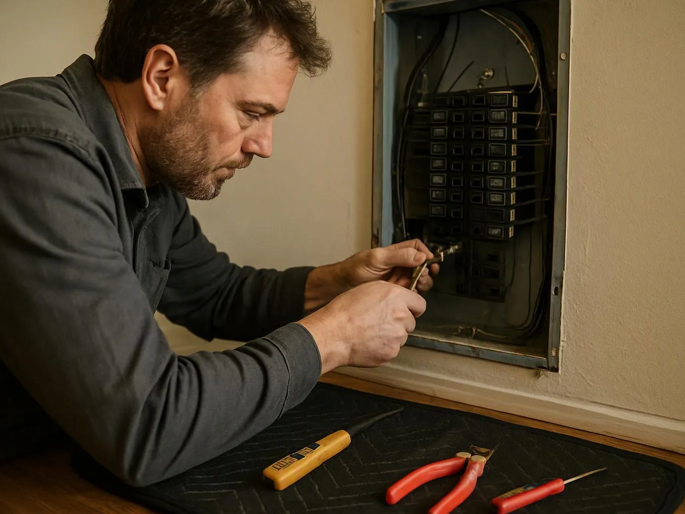 A man works inside an open electrical panel, holding wires with tools on a padded work surface