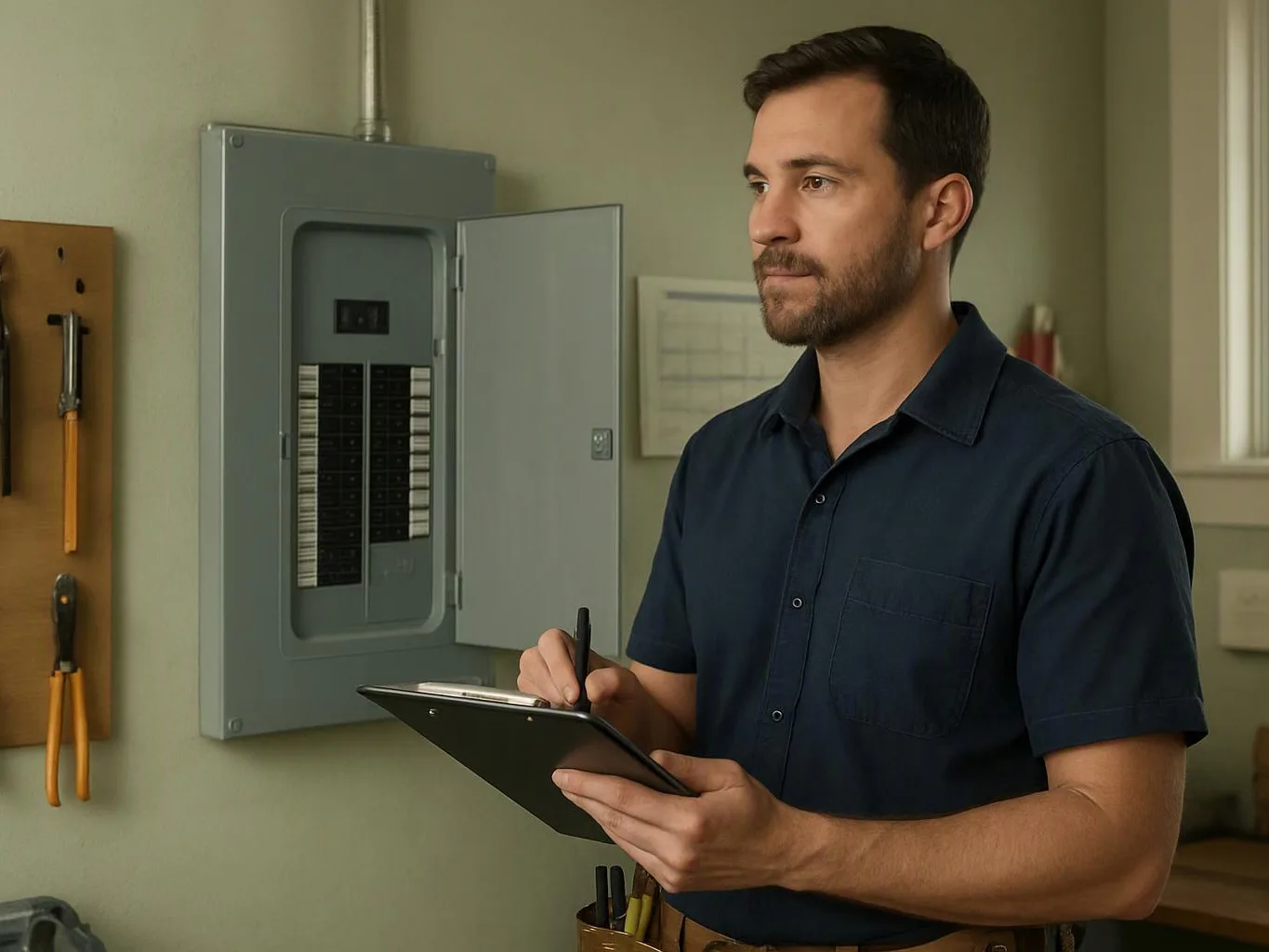 A man writes on a clipboard beside an open electrical panel in a workshop
