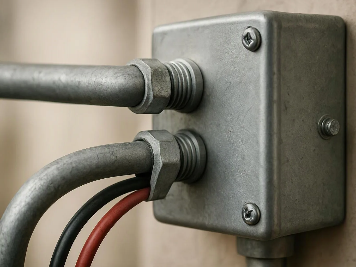 A metal electrical junction box on a wall holds two thick conduits and red and black wires