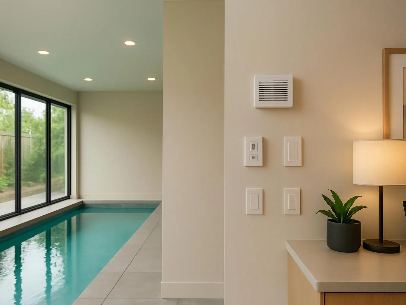 A modern indoor pool sits beside a beige wall with switches, a lamp, and a potted plant