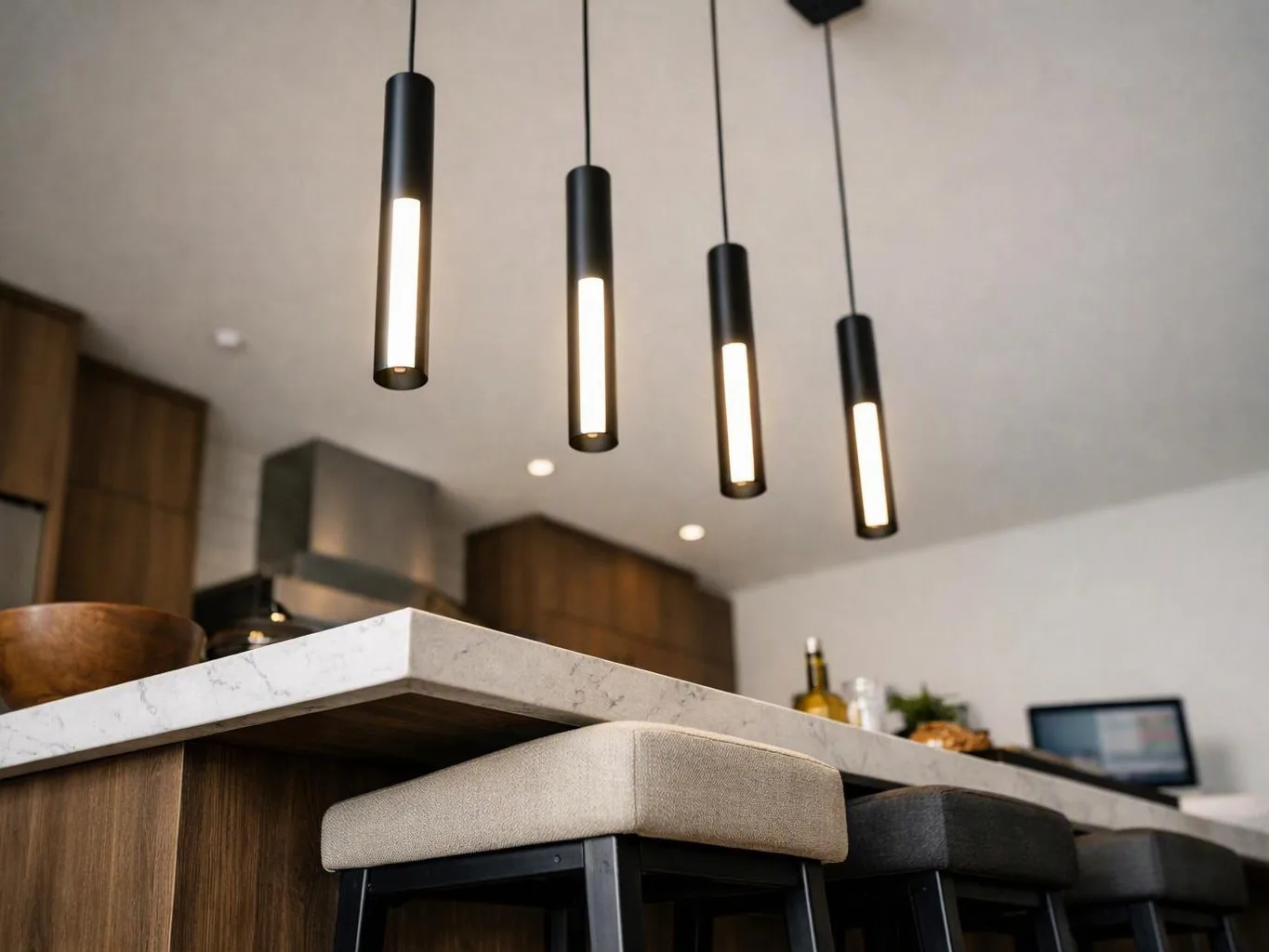 Modern kitchen island with four hanging pendant lights and bar stools beneath a marble counter