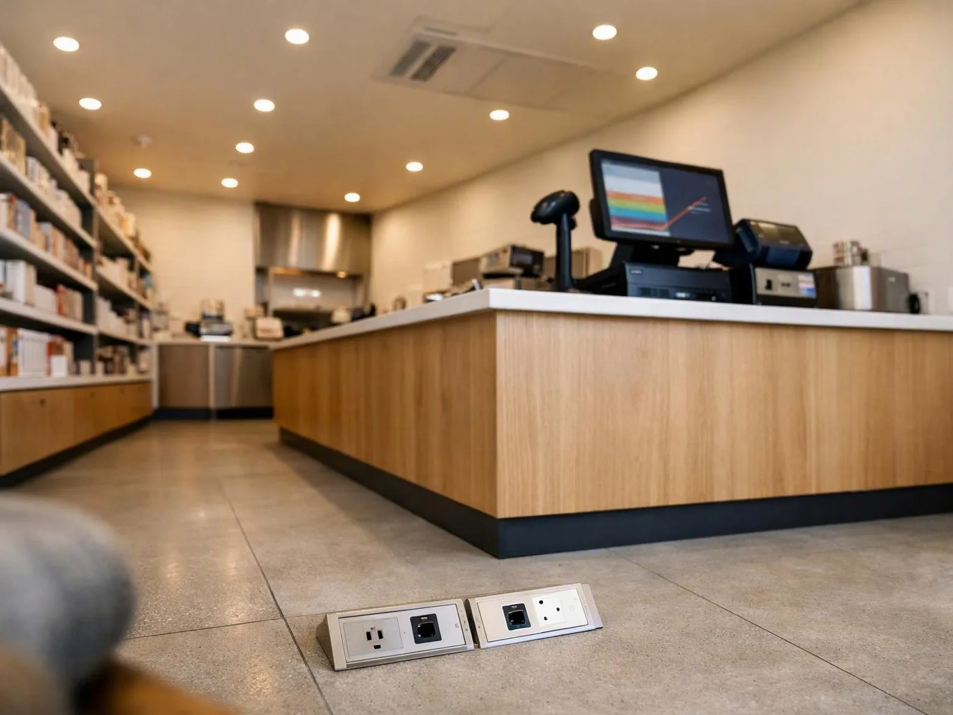 A modern shop counter with a register, shelves of products, and two floor power outlets in front