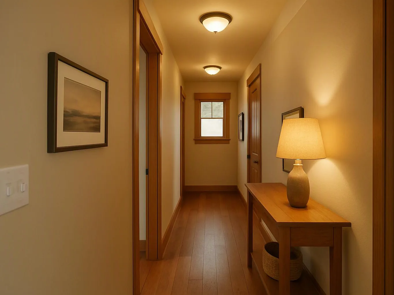 A narrow hallway with wood floors, framed art, a lit table lamp, and closed doors leads to a small window