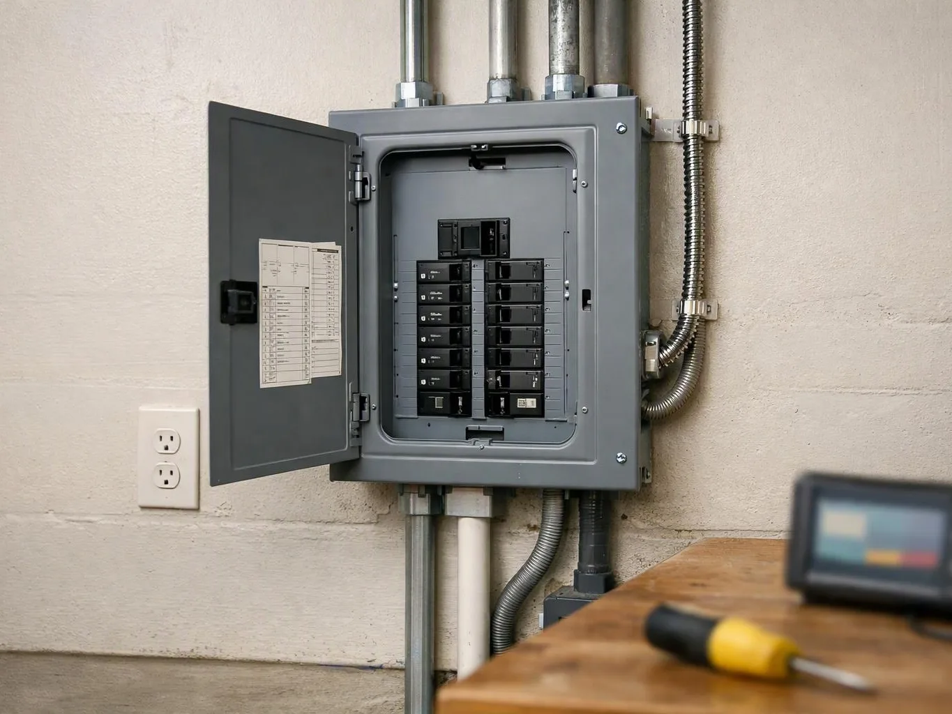 Open electrical breaker panel on a wall beside conduit pipes, with a workbench and screwdriver in the foreground