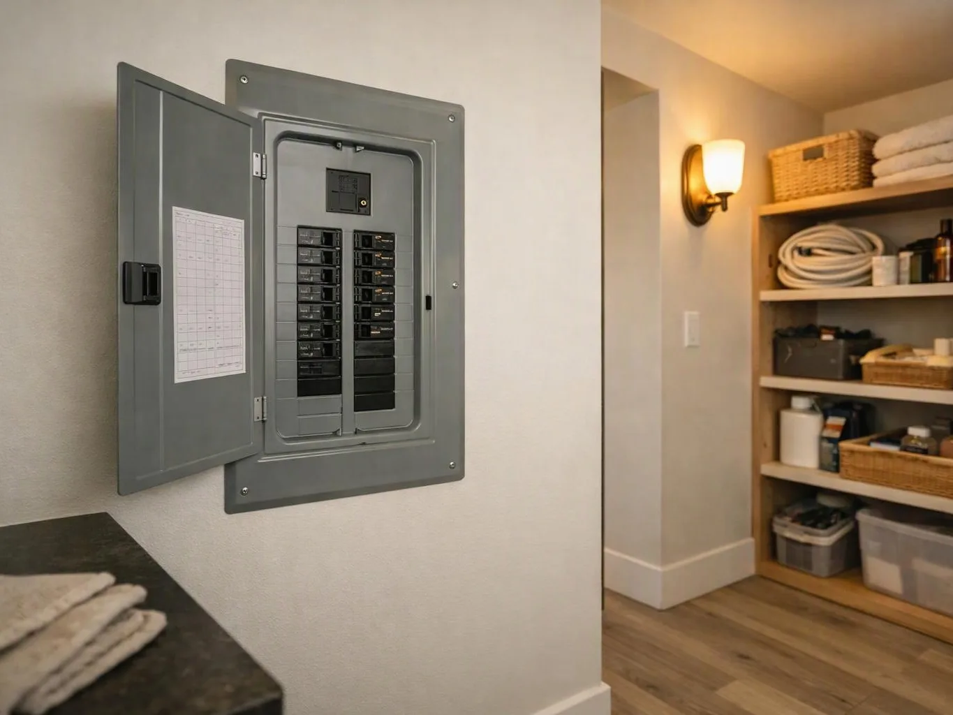 An open electrical panel hangs on a wall beside a warmly lit storage shelf with baskets and folded towels