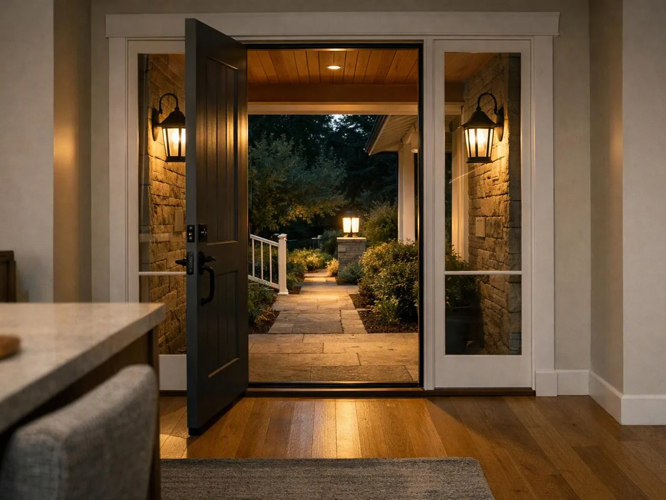 An open front door reveals a lit stone walkway and porch at dusk