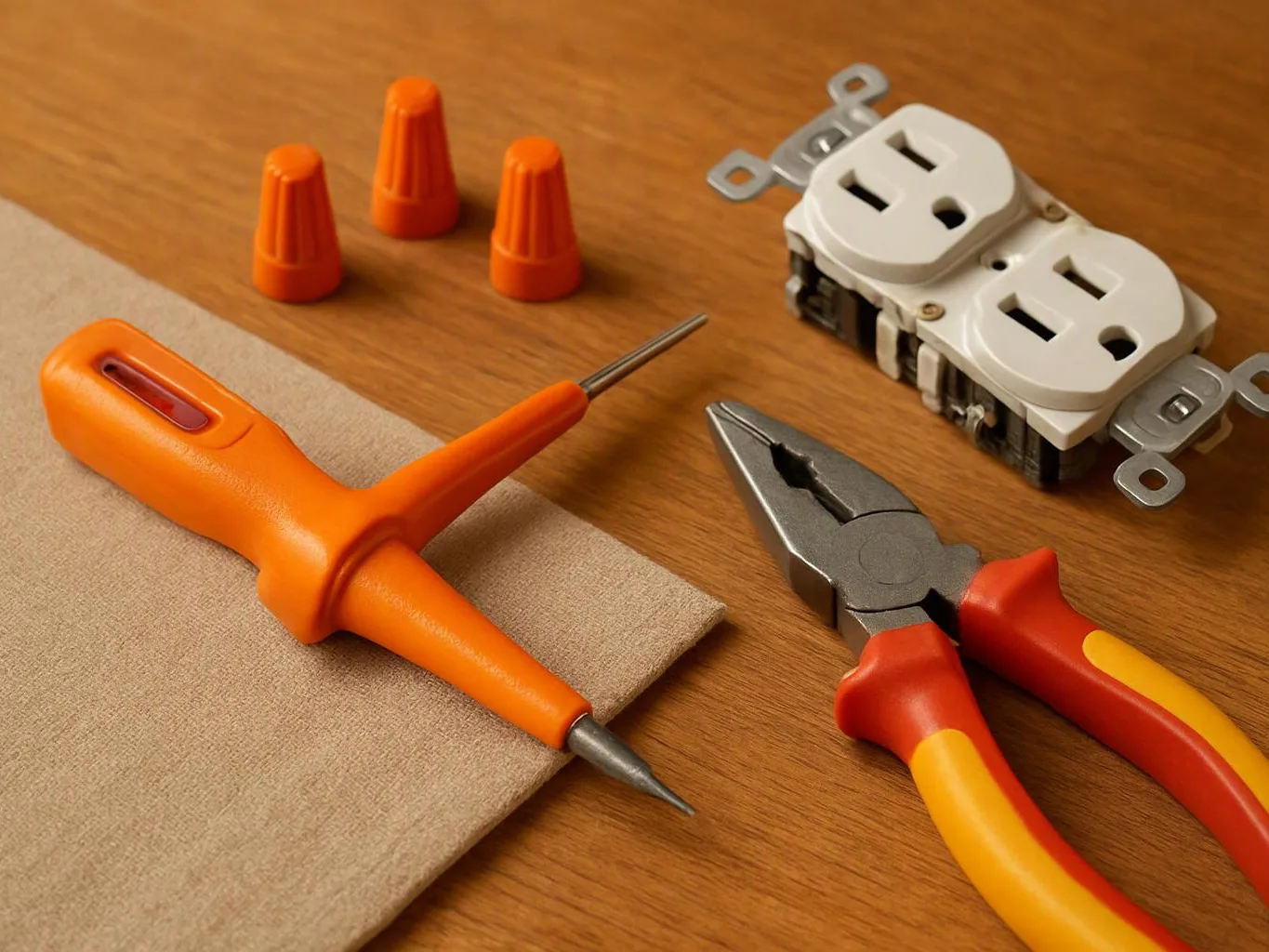 Orange electrical tools, wire nuts, and a white duplex outlet lie on a wooden table with a beige cloth nearby