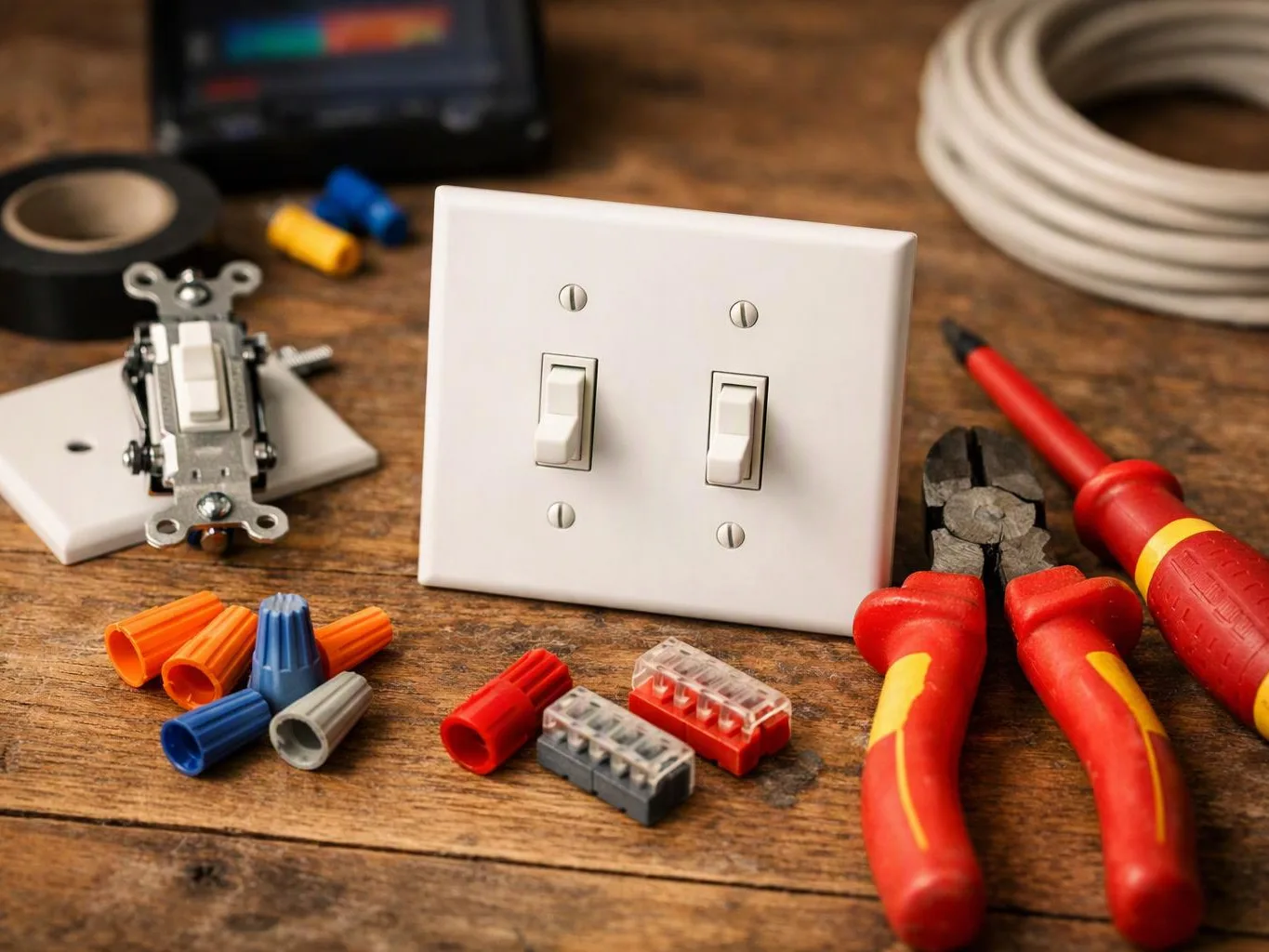 A pair of white light switches sits among electrical tools, wire nuts, pliers, and a coiled cable on a wooden table
