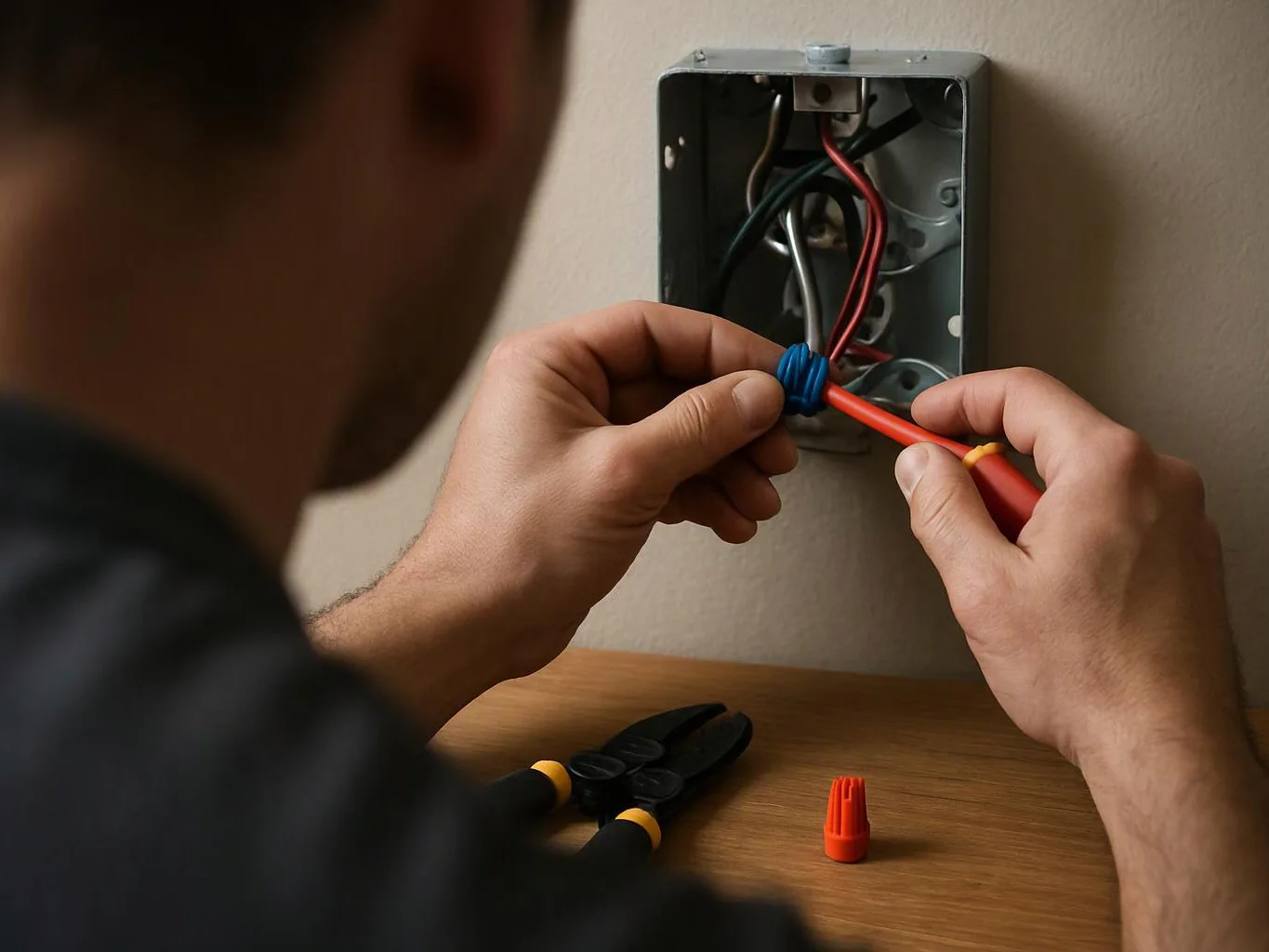 A person connects colored electrical wires inside a wall junction box with pliers on a wooden table