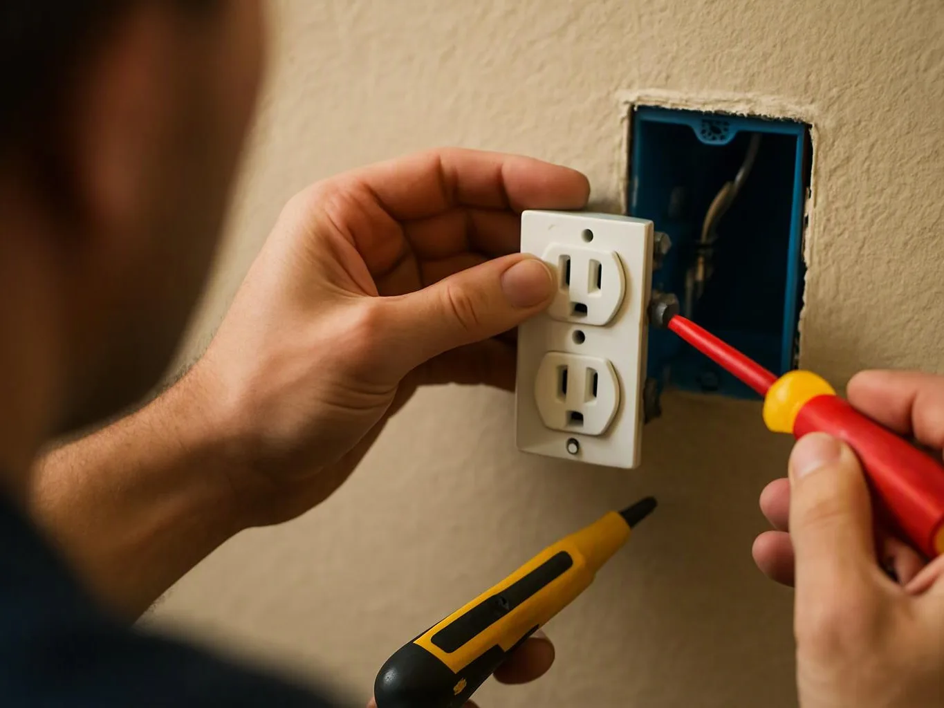 A person holds an outlet plate while using a screwdriver beside an open wall electrical box