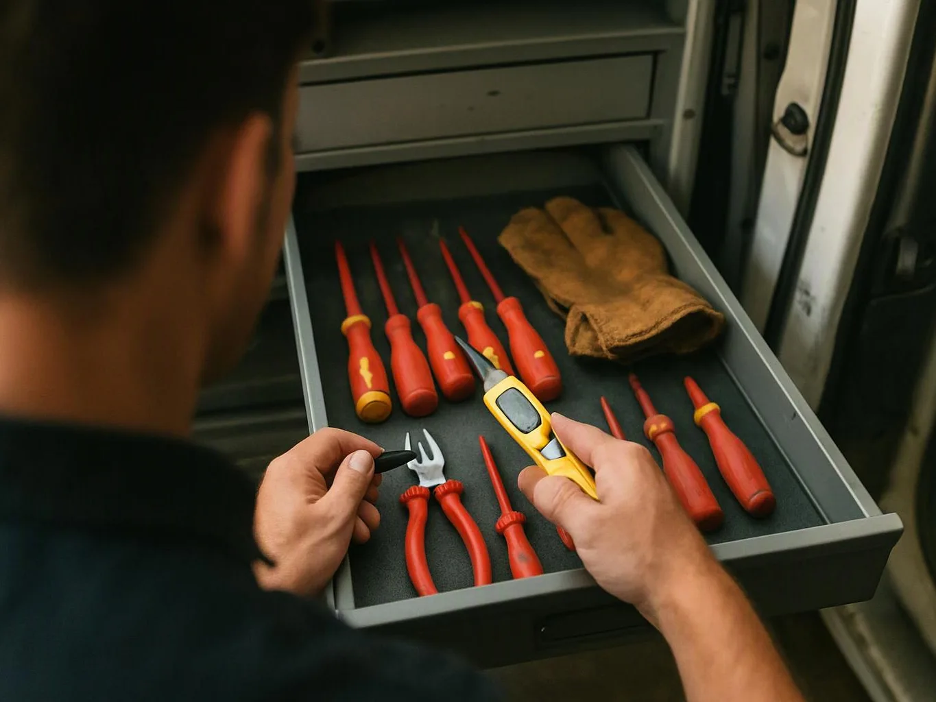 A person inspects a drawer of red-handled tools, holding a yellow tester and a small black tool