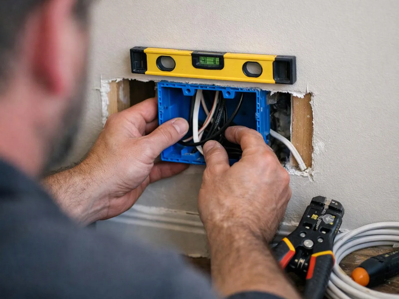A person installs a blue electrical box into a wall opening with wires and a level above it
