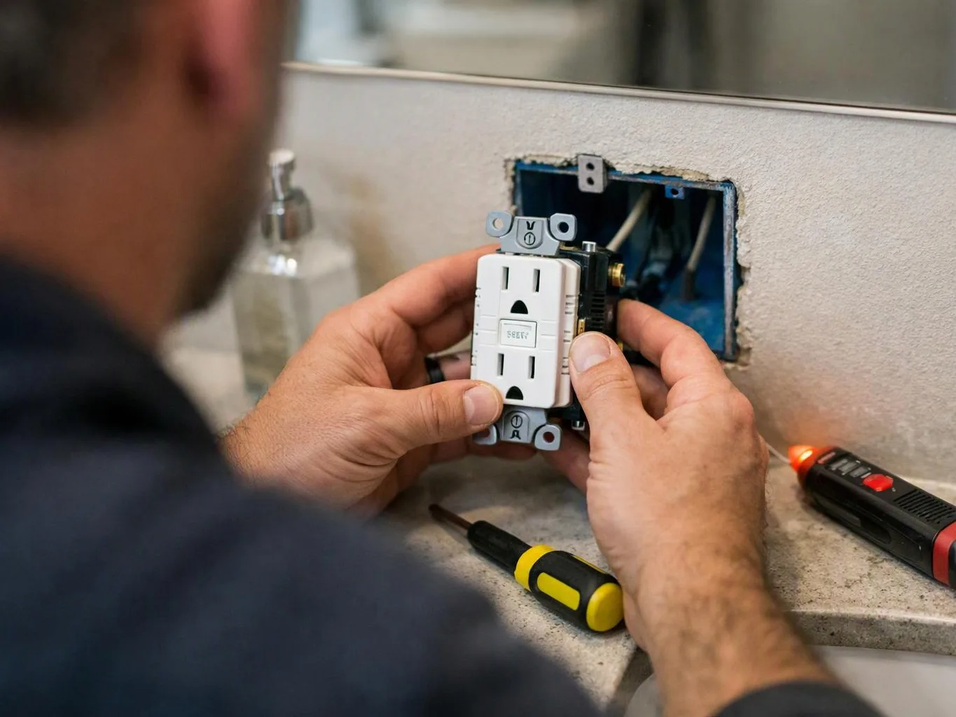 A person installs a wall outlet into an open electrical box with tools on a bathroom counter