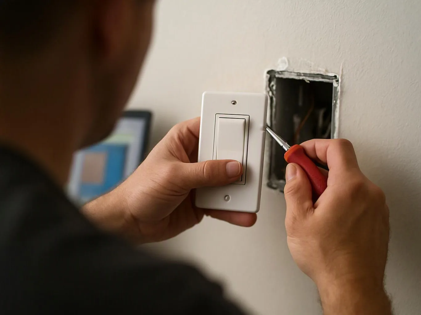 A person installs a white light switch cover with a screwdriver beside an open wall box