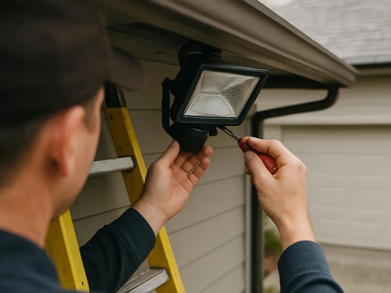 A person on a ladder adjusts an outdoor floodlight under a house eave with a screwdriver