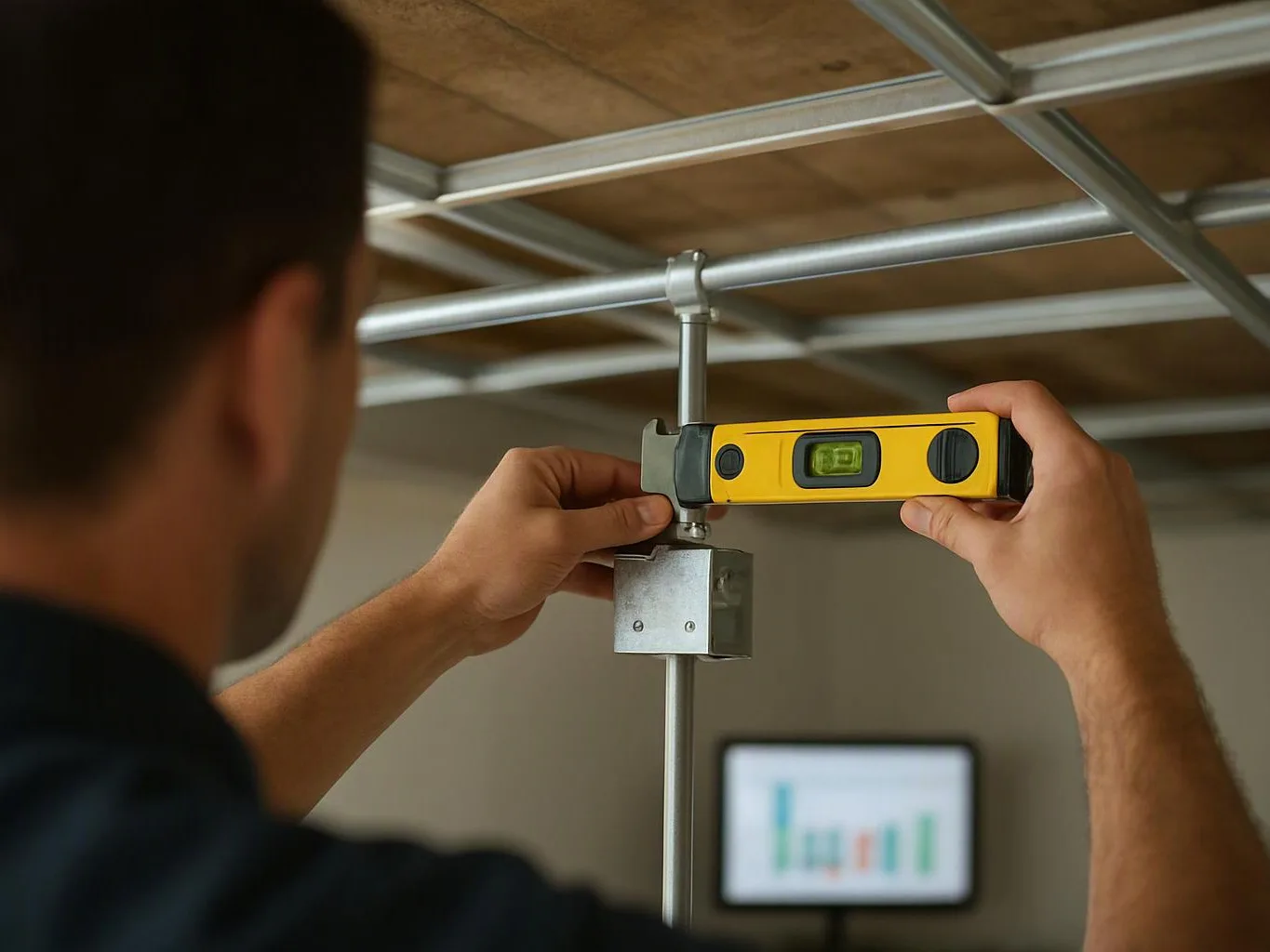 A person measures a metal ceiling frame with a yellow level in an indoor room