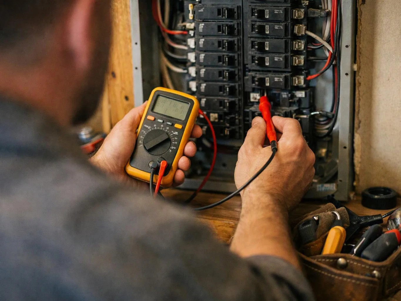 A person tests an electrical breaker panel with a digital multimeter and probe in a workshop setting