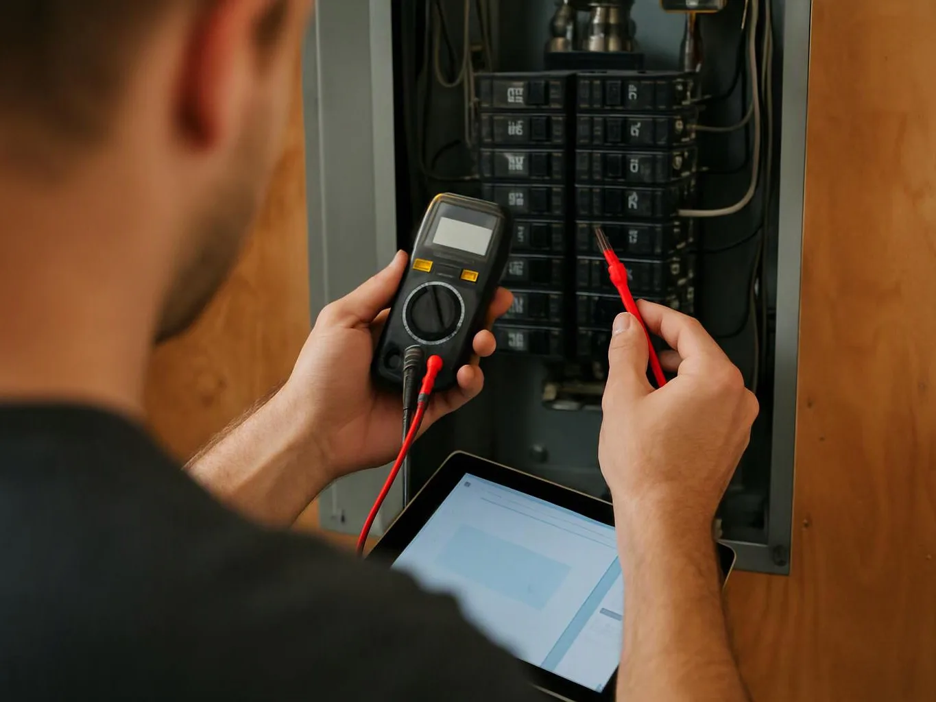 A person tests an electrical breaker panel with a multimeter while holding a tablet nearby