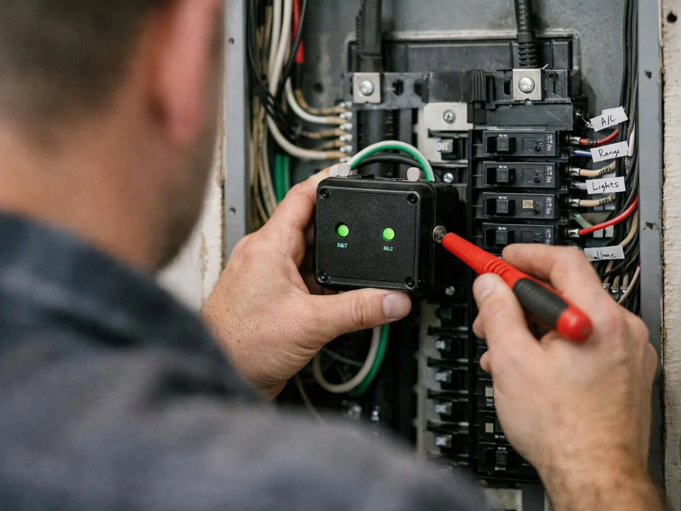 A person tests an electrical panel with a red probe and a small black device showing green lights