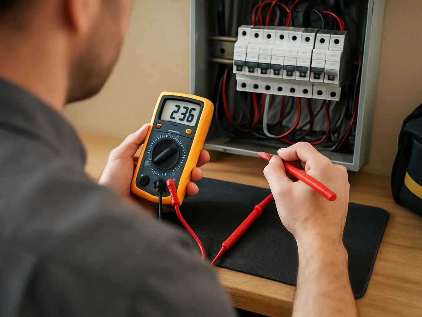 A person tests an open electrical panel with a digital multimeter and red probes at a workbench