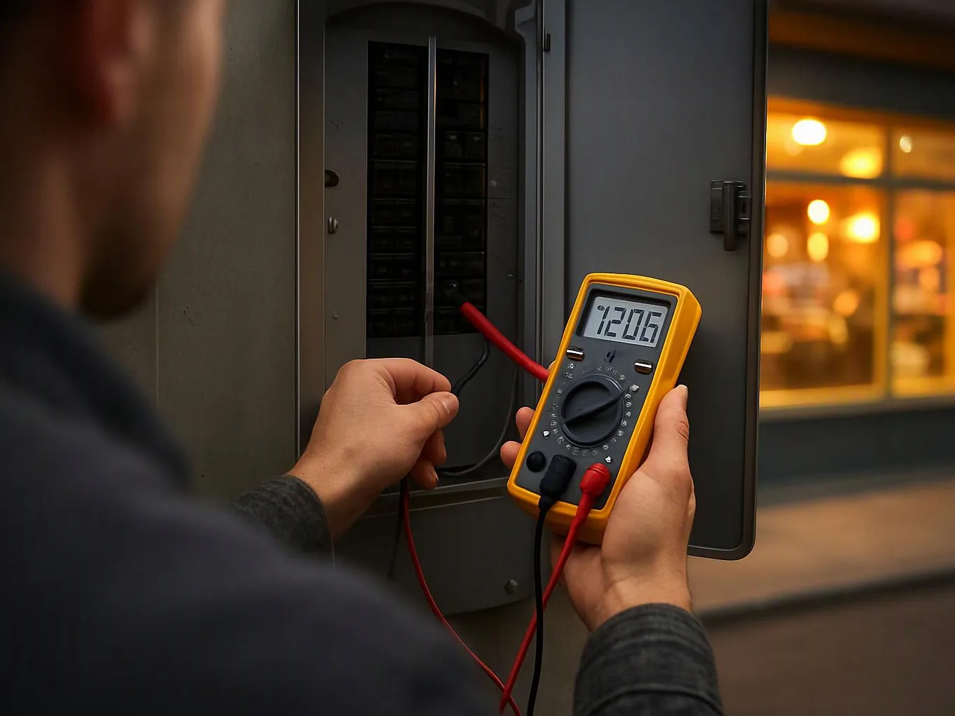 A person uses a yellow multimeter to test wiring inside an open electrical panel outdoors