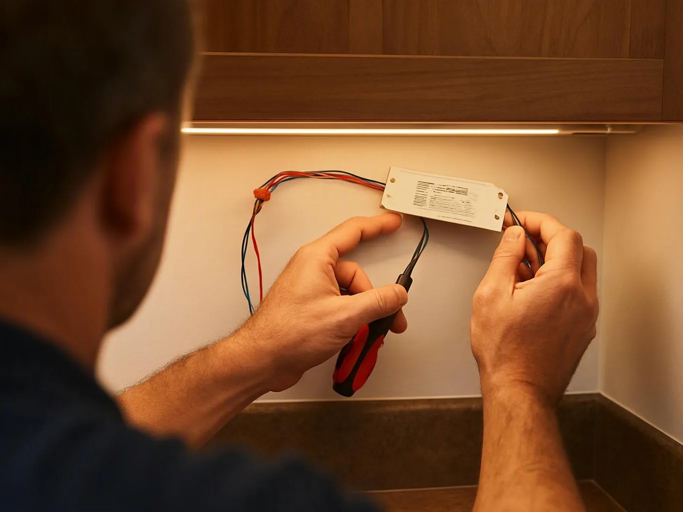A person wires a small white electrical module inside a wooden cabinet, using a screwdriver under a shelf light