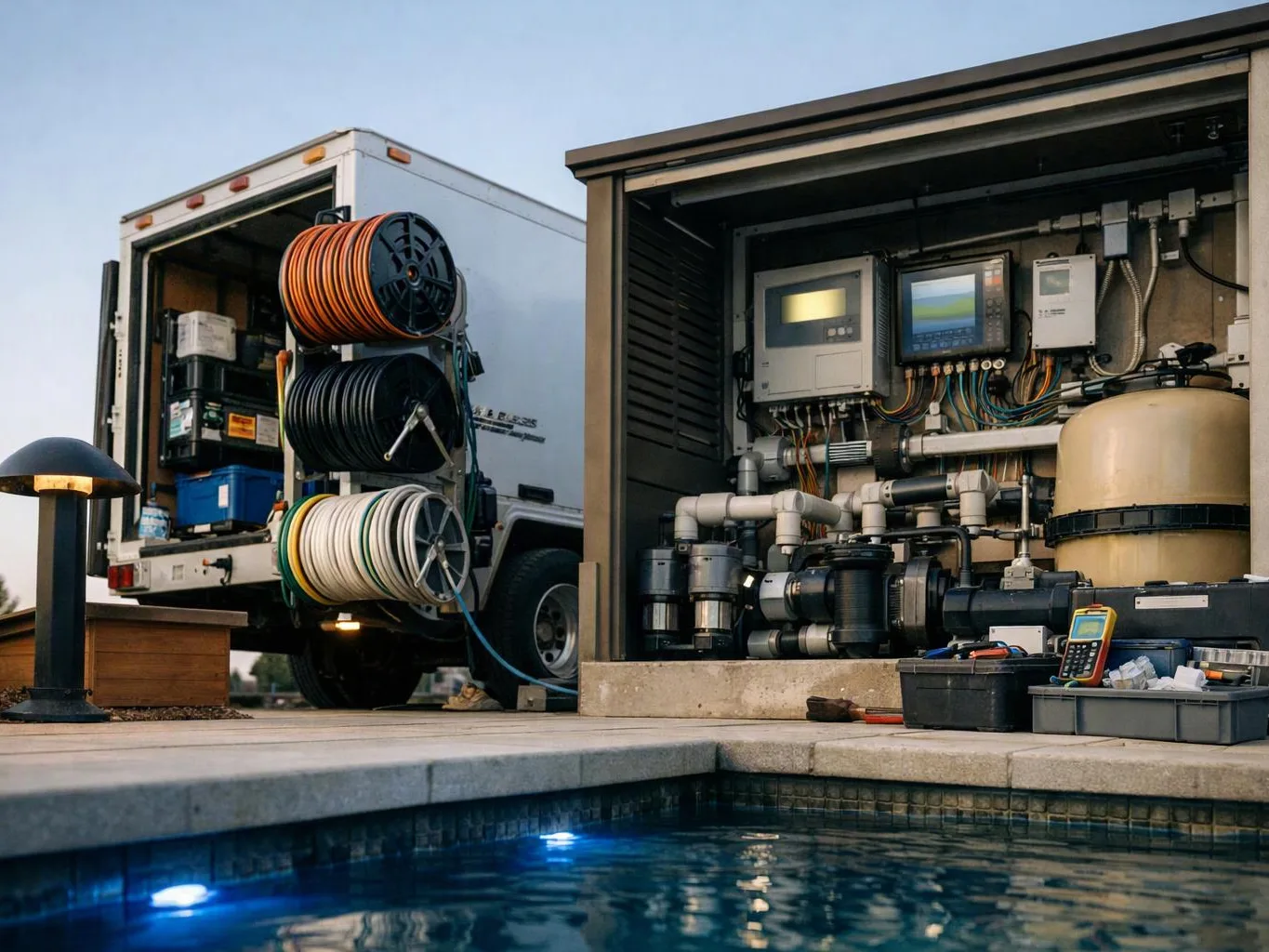 Pool equipment and control panels beside a truck stacked with coiled hoses and tools by the water