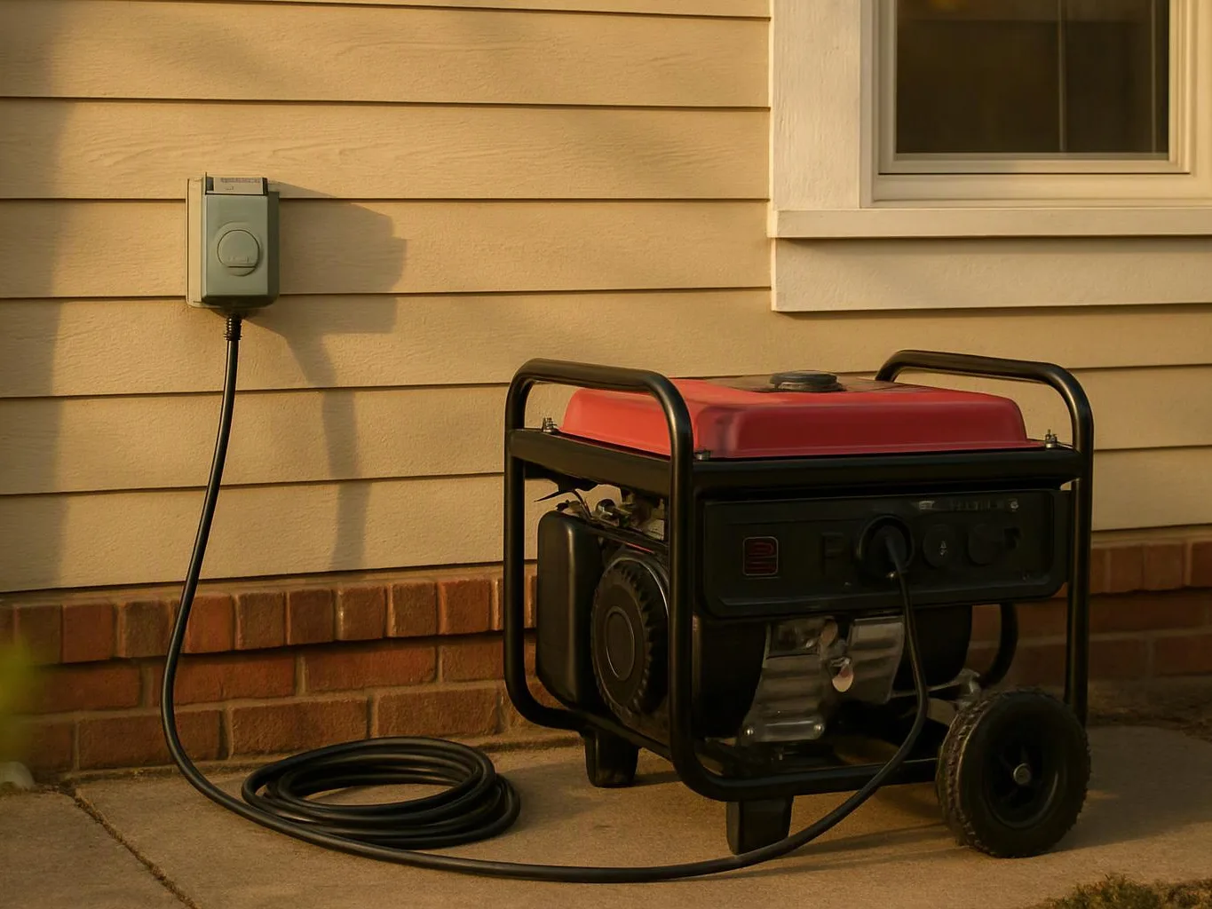 A portable generator sits on a concrete patio beside a house wall, with a power cord running to an outlet box