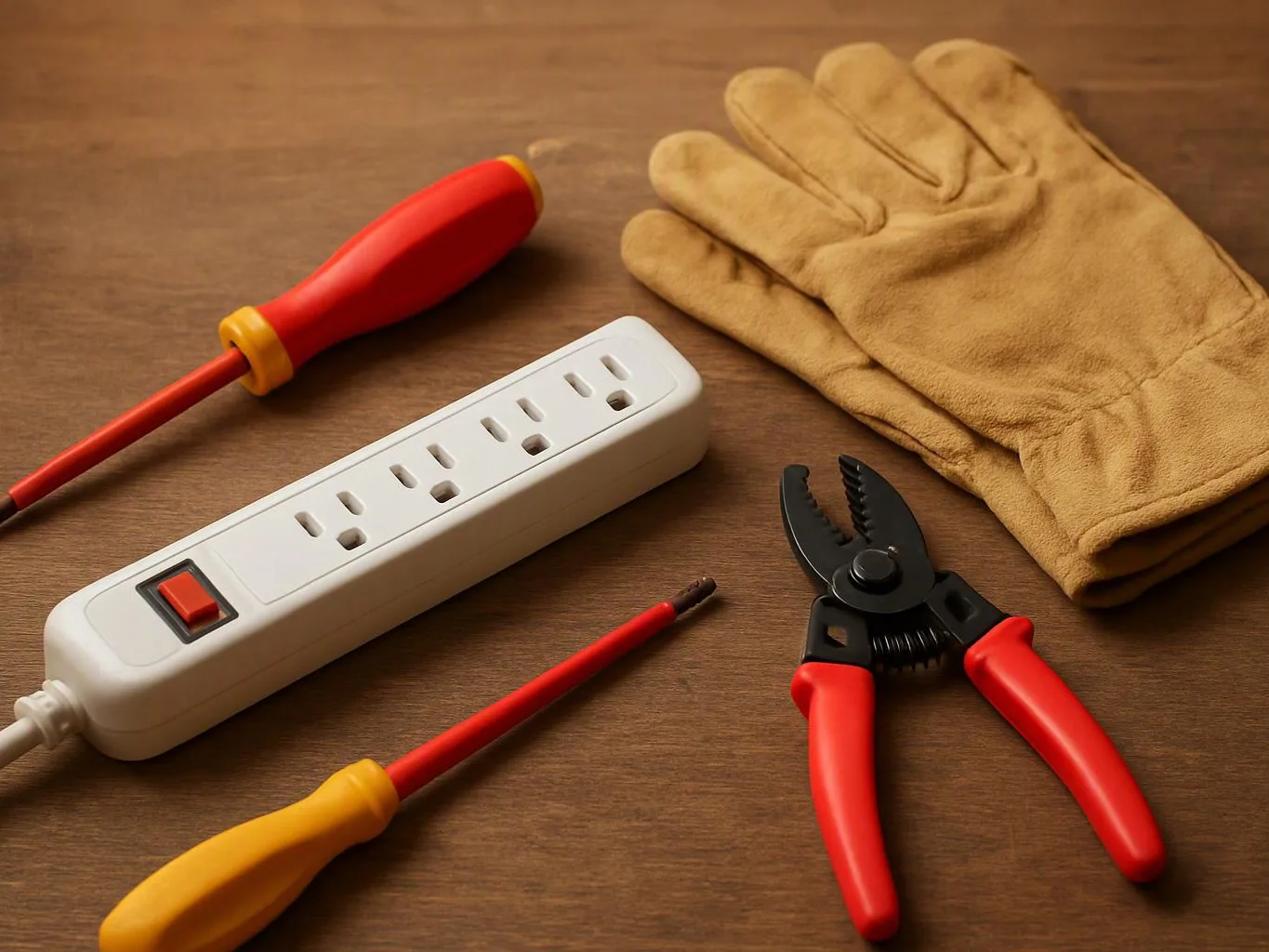A power strip, two screwdrivers, wire strippers, and work gloves lie on a wooden table