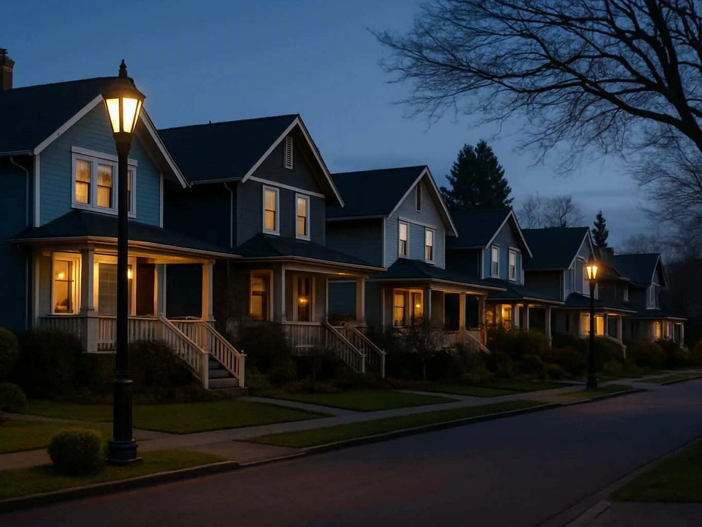 A quiet suburban street with glowing porch lights, row houses, and bare trees at dusk