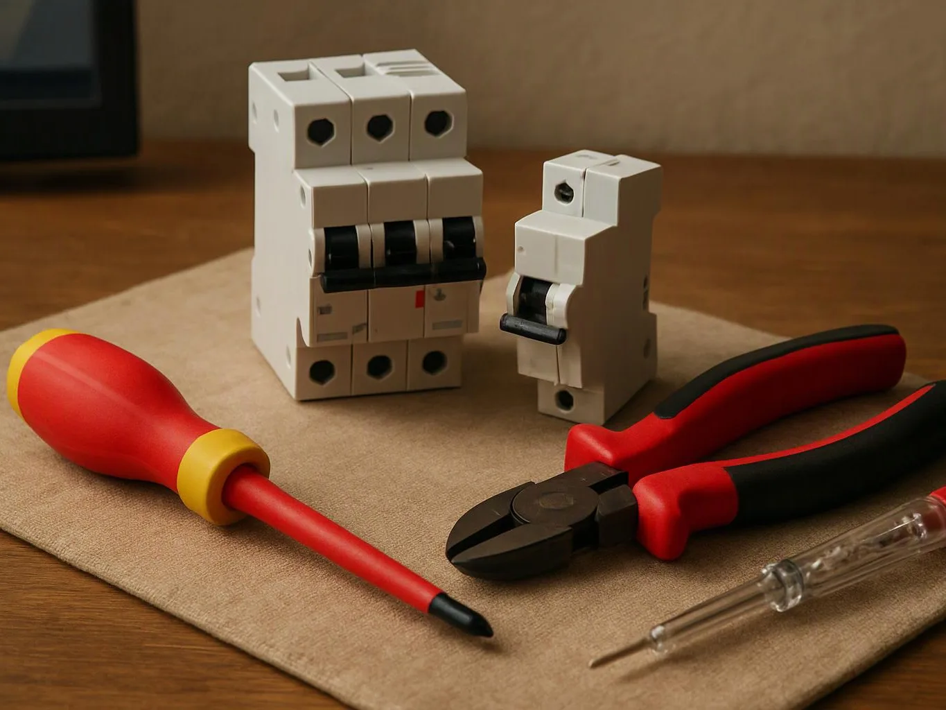 Red and black hand tools sit beside two white circuit breakers on a cloth-covered wooden table