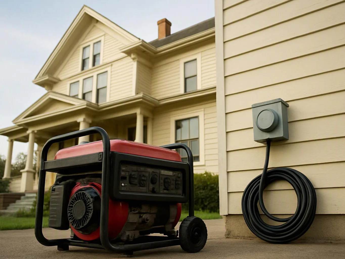 A red portable generator sits beside a house wall, with a coiled power cord and outlet box nearby
