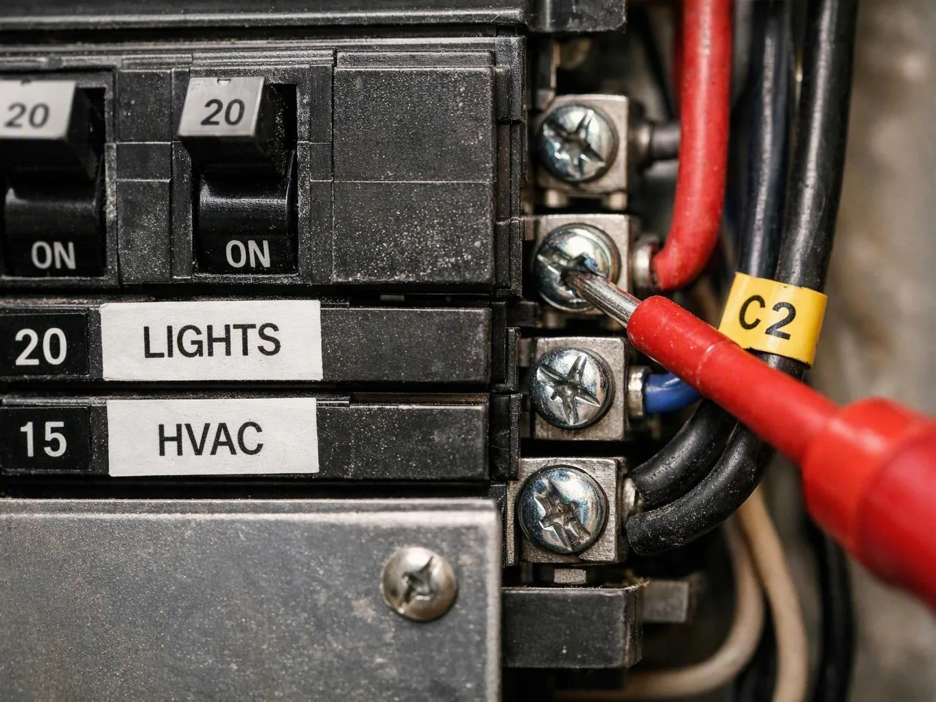 A red probe touches a circuit breaker screw beside labeled switches for lights and HVAC