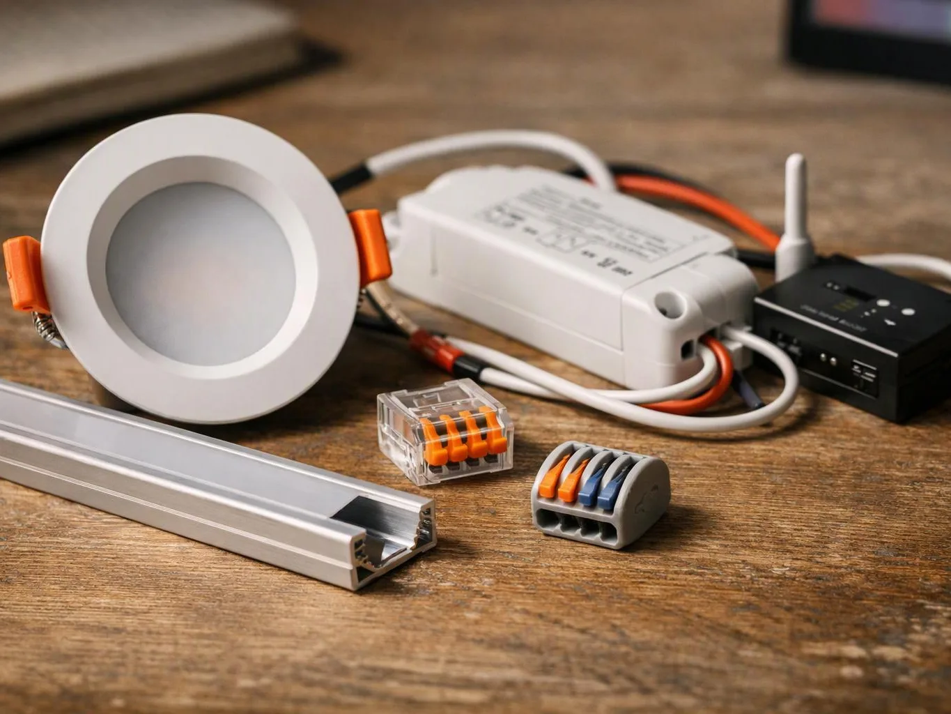 A round recessed light, wiring parts, connectors, and a black control box sit on a wooden table