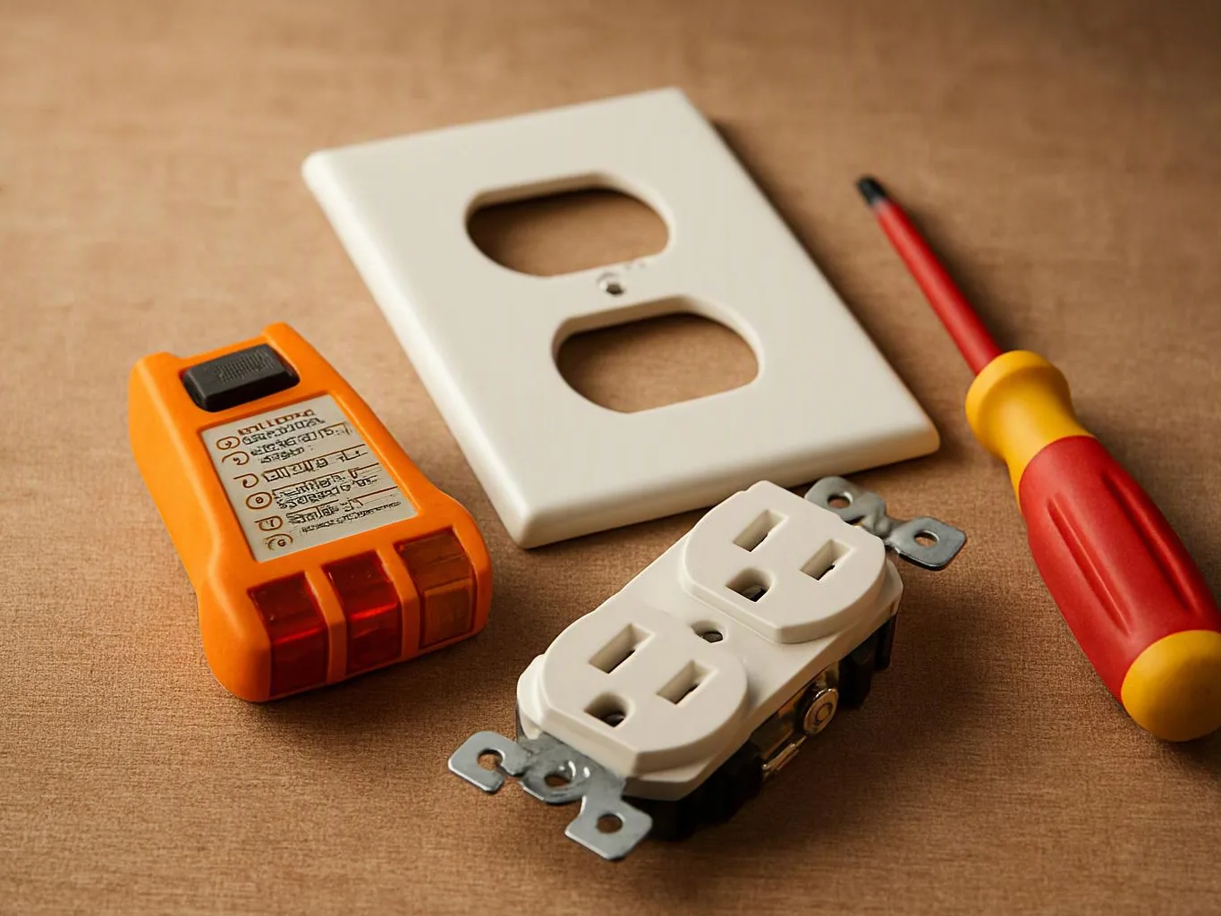 A screwdriver, outlet cover, wall receptacle, and electrical tester lie on a brown work surface