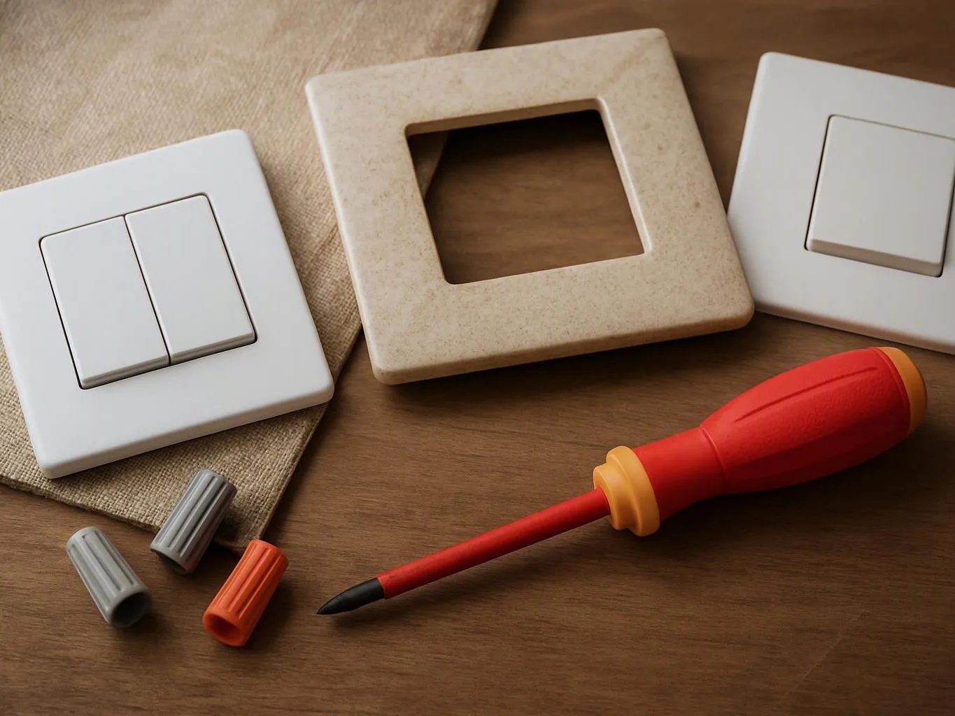 A screwdriver, switch plates, and wire connectors lie on a wooden surface for electrical installation
