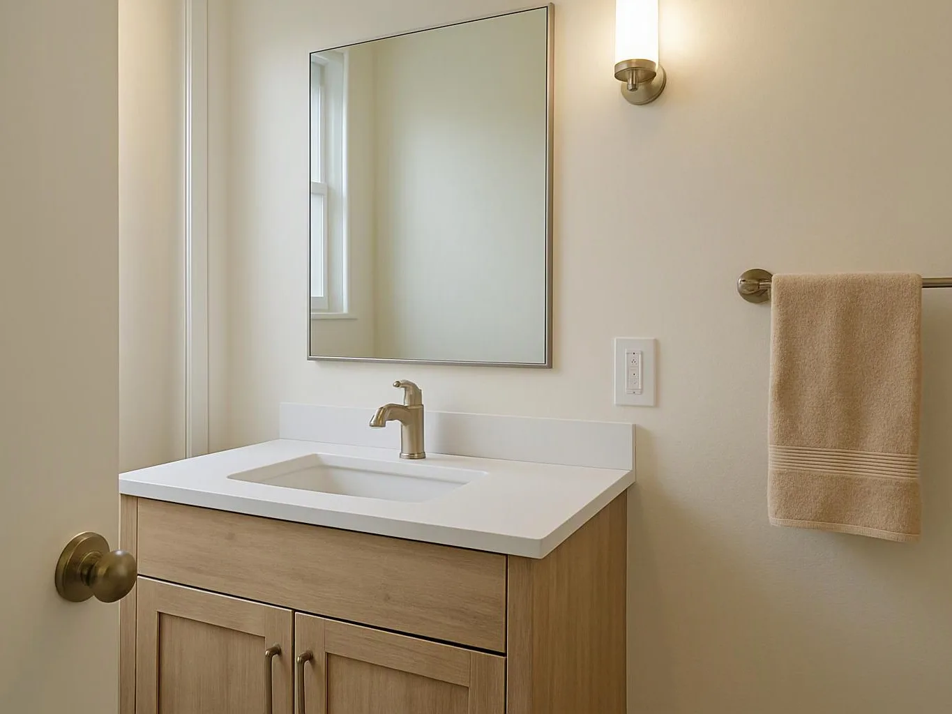 A small bathroom vanity with a mirror, sink, towel, and wall light sits in a bright neutral room