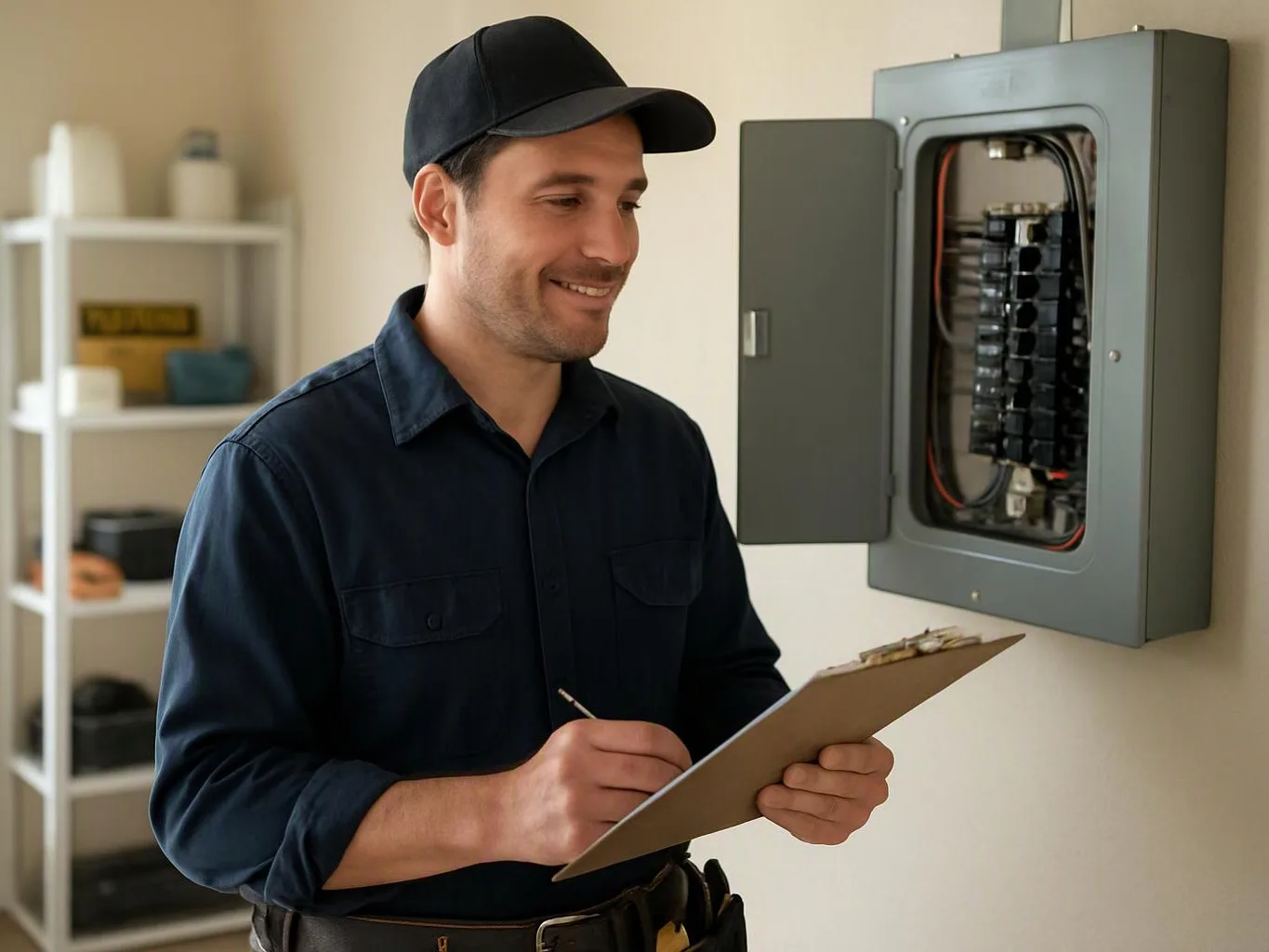A smiling electrician writes on a clipboard beside an open wall breaker panel in a room