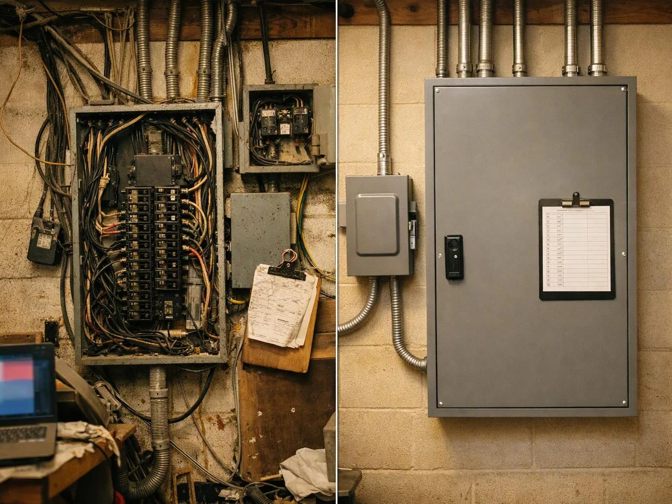 Split image shows a messy old electrical panel beside a clean new breaker box on a cinder block wall