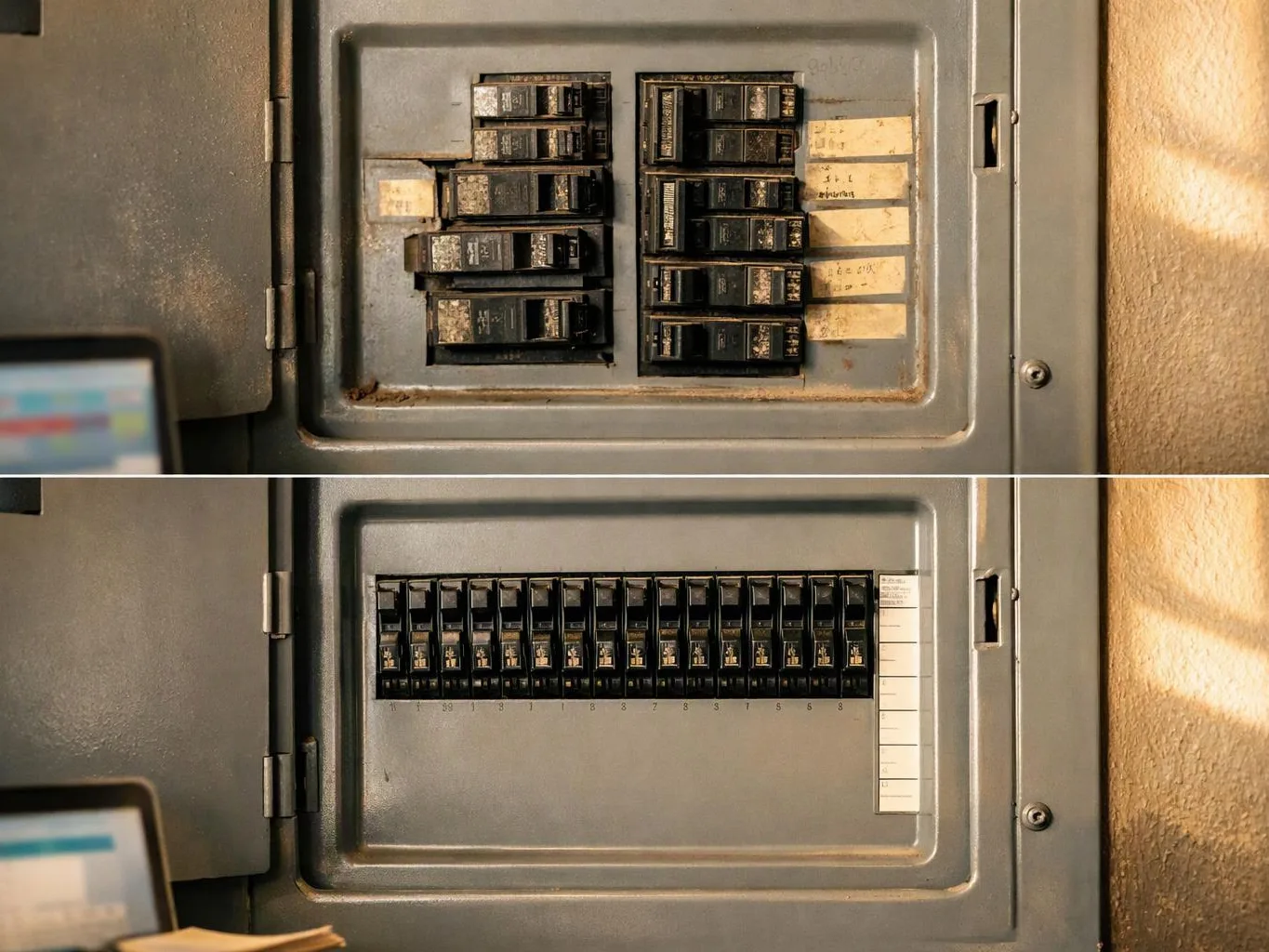 A split view shows an electrical breaker panel, with old breakers above and a neat row of switches below