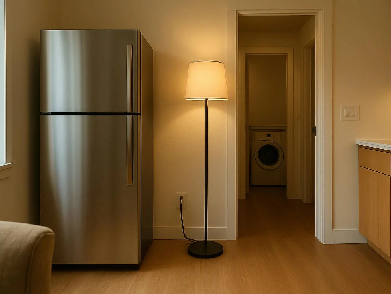 A stainless steel refrigerator stands beside a lit floor lamp in a small kitchen