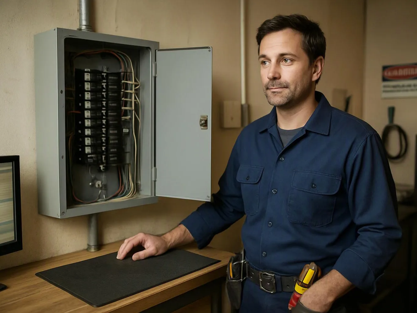 A technician stands beside an open electrical panel in a workroom, resting a hand on the counter