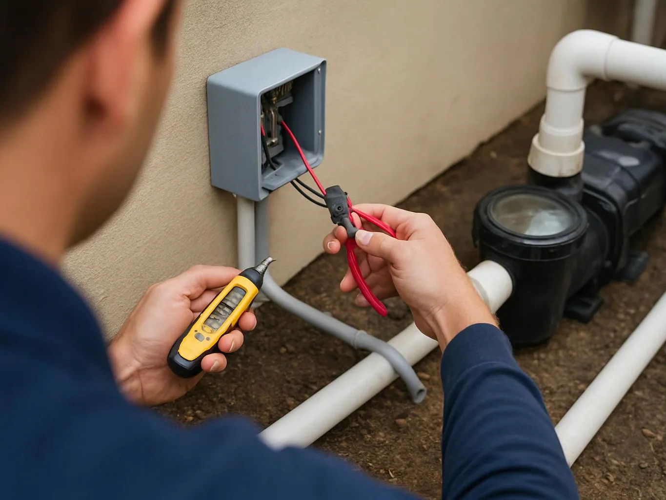 A technician tests exposed wires in a wall box beside pool plumbing pipes outside