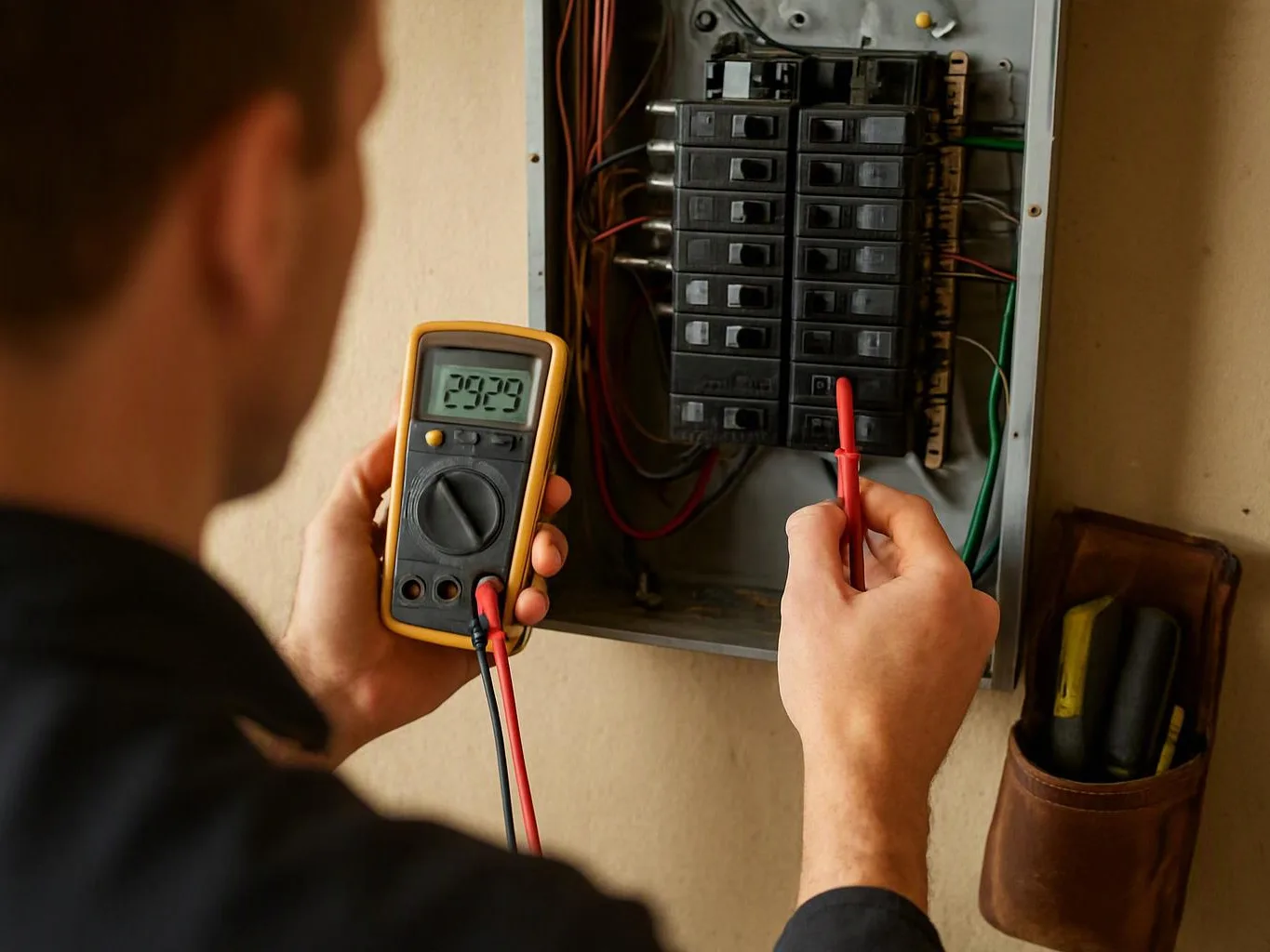 A technician tests an open electrical breaker panel with a digital multimeter and red probe
