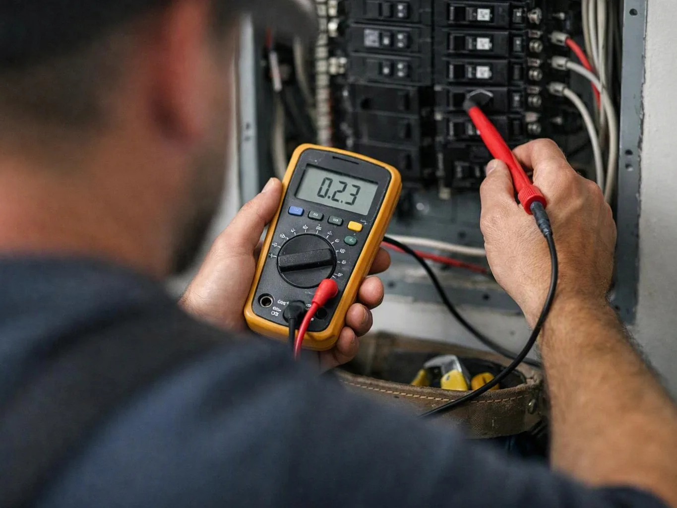 A technician tests wiring in an electrical panel with a digital multimeter in hand