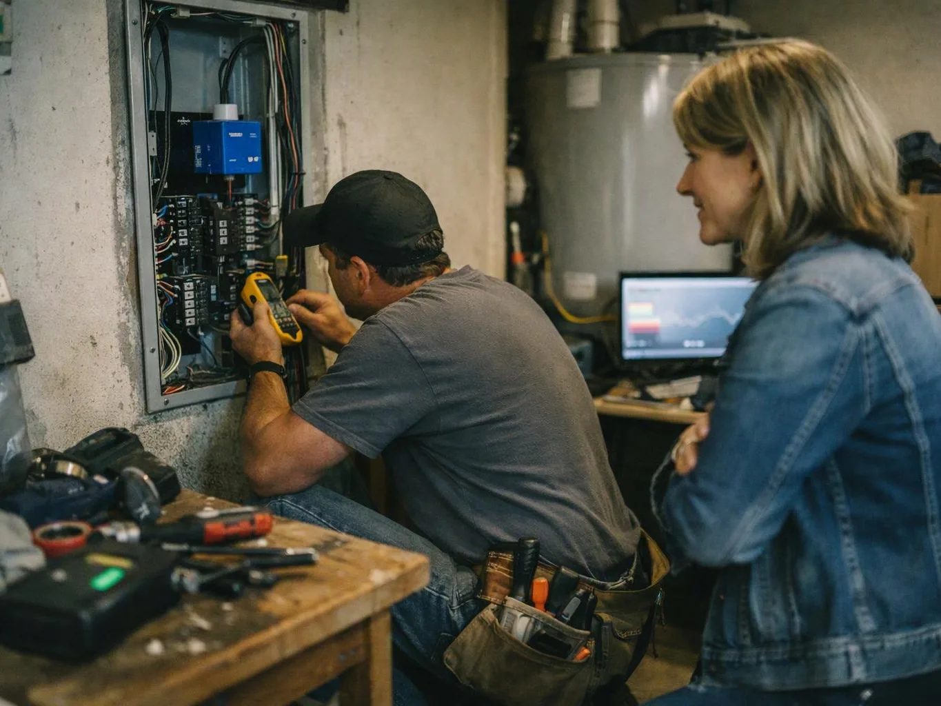 A technician works inside an open electrical panel while a woman watches nearby in a workshop