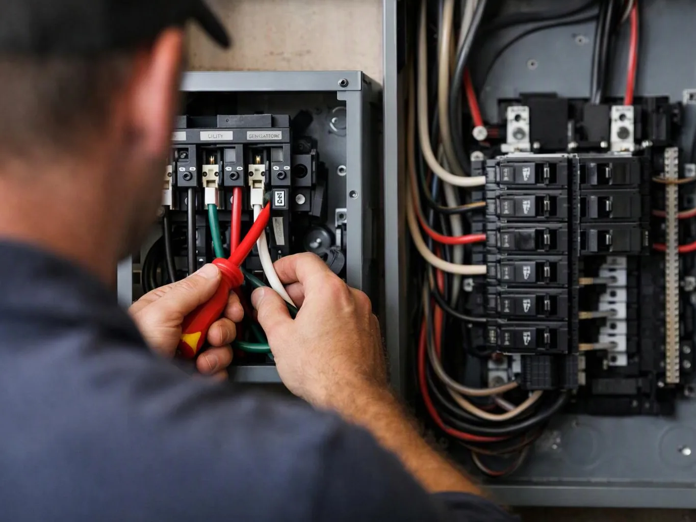 A technician works on an open electrical panel, using a red screwdriver amid bundled wires and breakers